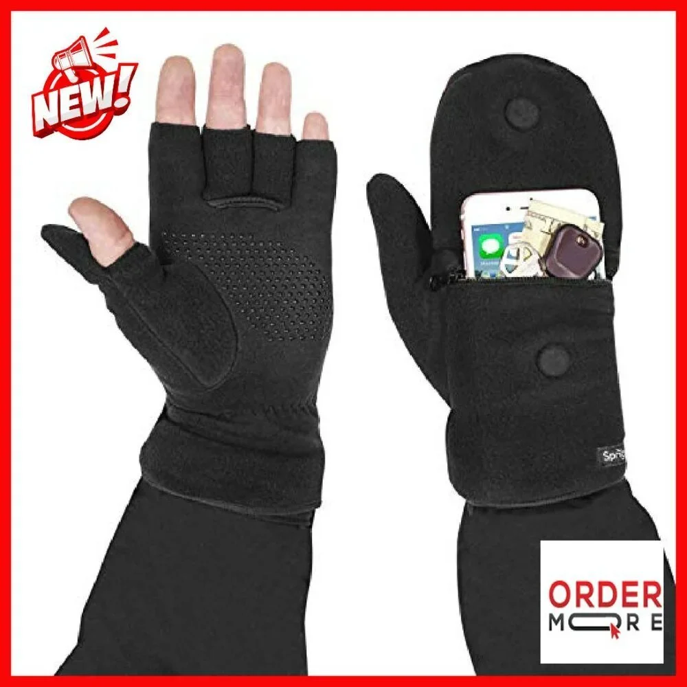 Fingerless Gloves with Phone Pocket, Adjustable Top, Magnetic Flap, Grip Dots